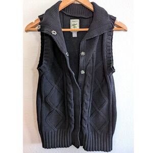 Roots 73 Black Cable Knit Sweater Vest Shawl Collar Snap Small  100%Cotton
